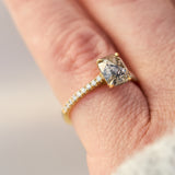 18ct yellow gold salt and pepper cushion cut diamond engagement pavé ring
