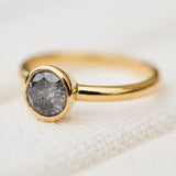 18ct yellow gold salt and pepper round brilliant cut diamond engagement bezel ring