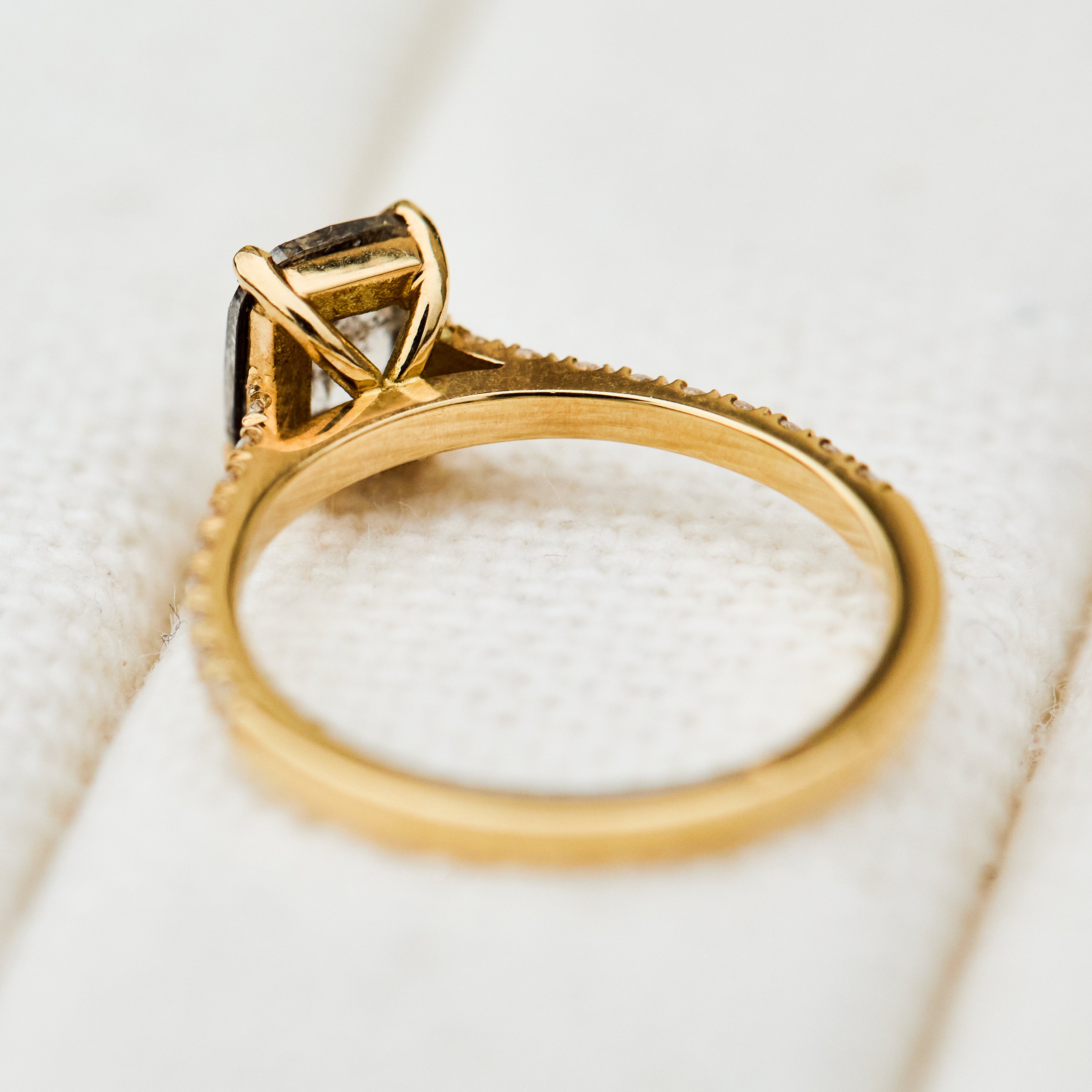 yellow gold cushion cut salt and pepper engagement ring pave band