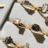 18ct yellow gold salt and pepper hexagon diamond engagement trilogy ring