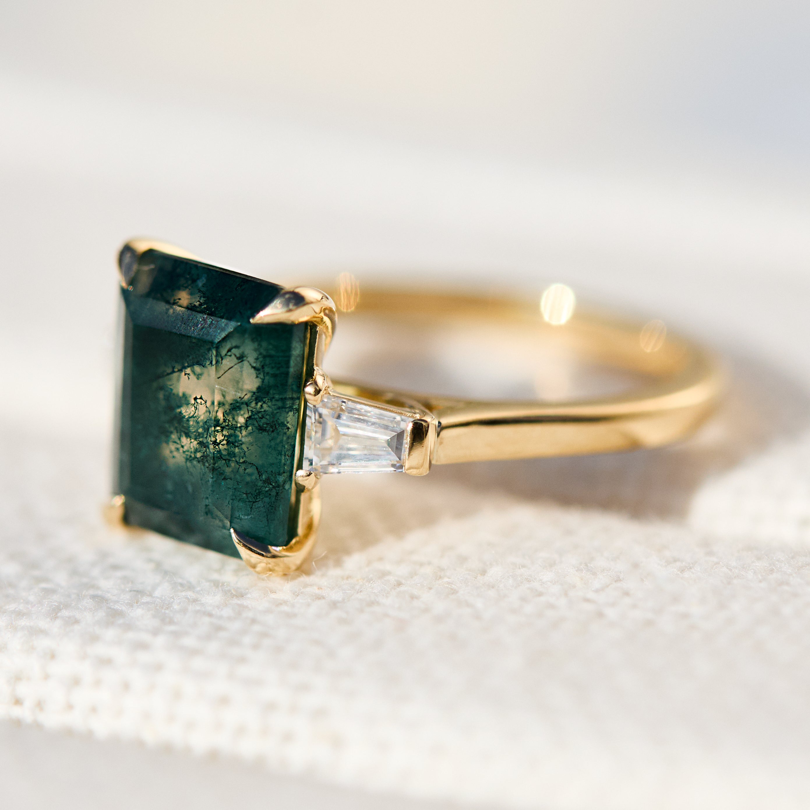 emerald cut moss agate ring