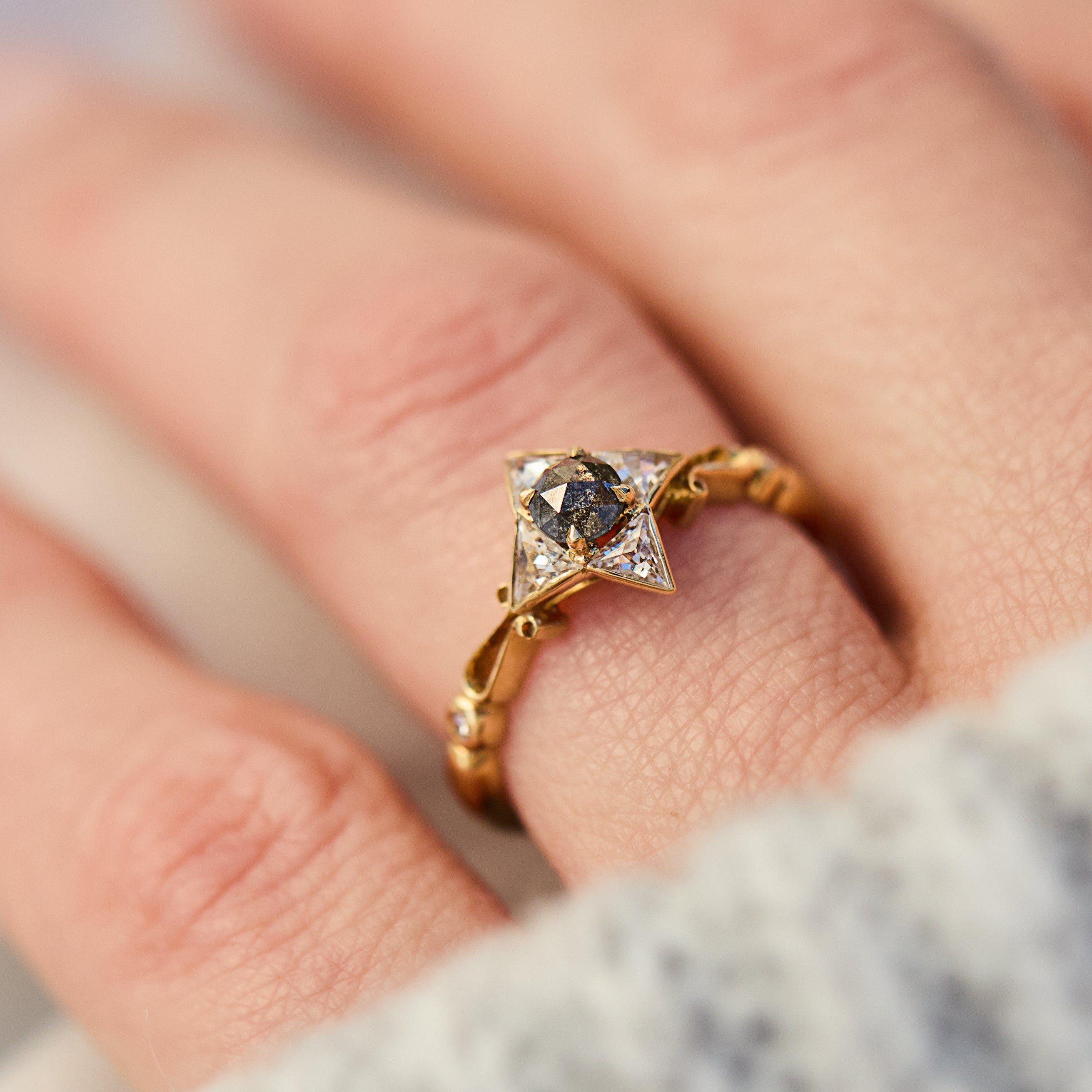 18ct rose gold salt and pepper round rose cut diamond engagement one-of-a-kind ring