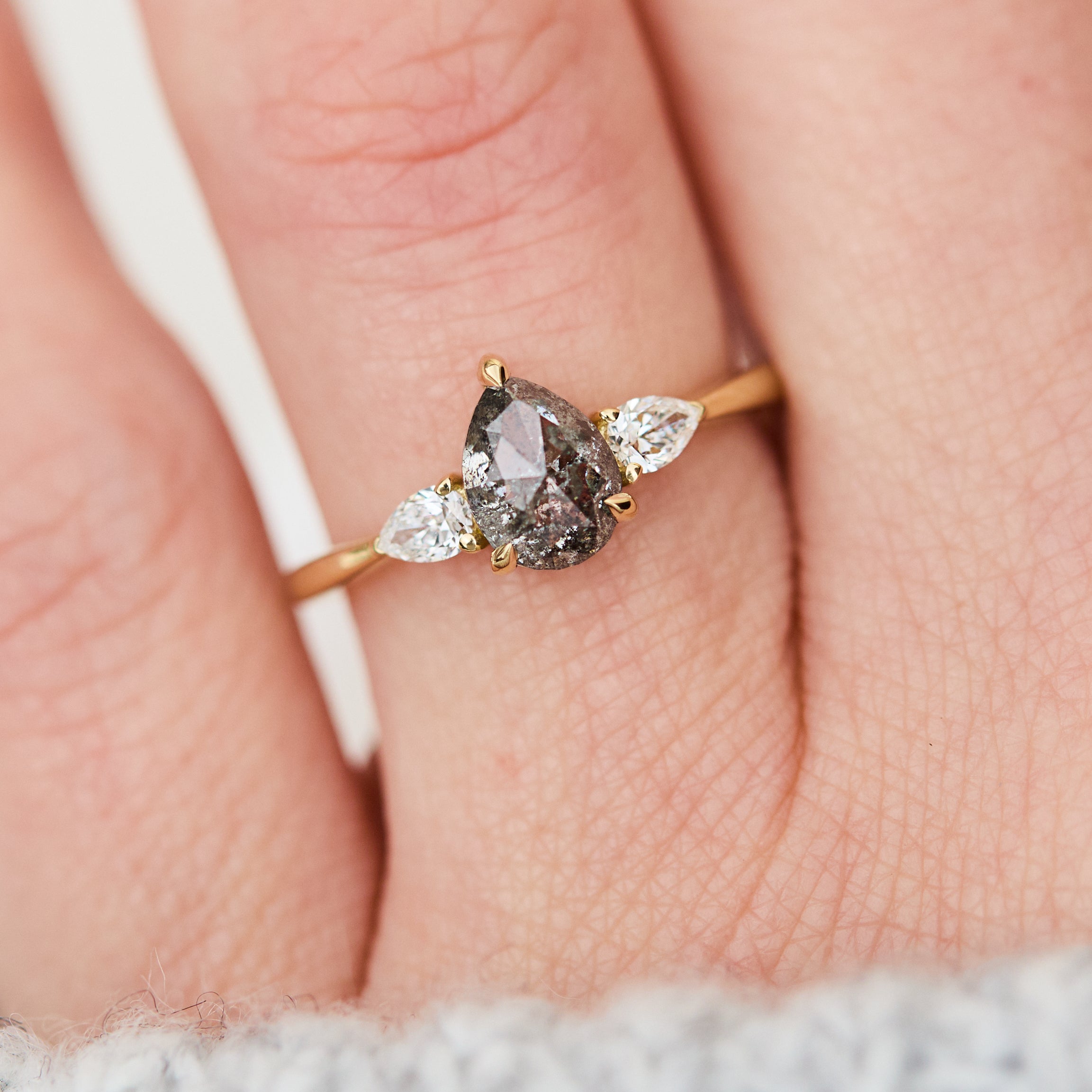 Pear Shape Salt and Pepper Diamond Engagement Ring