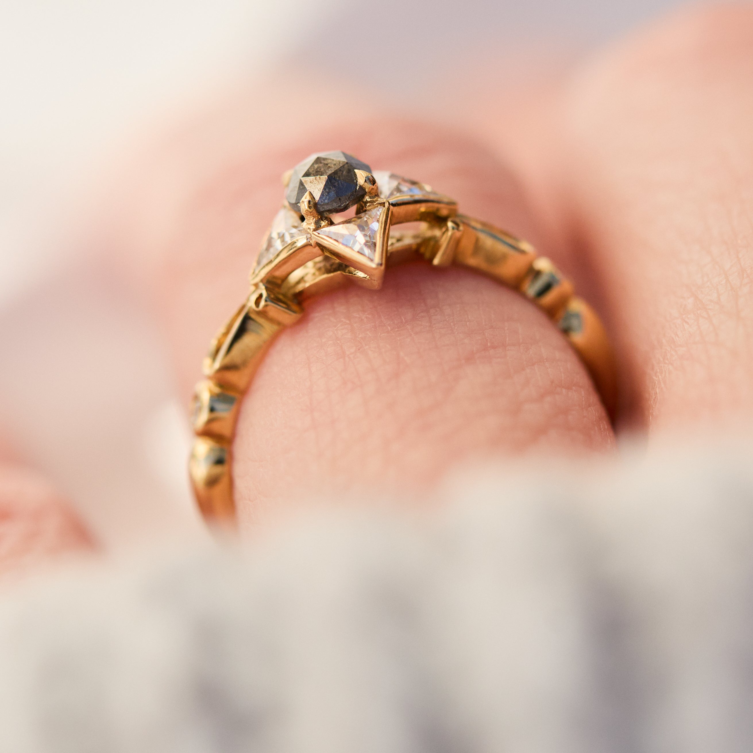 18ct rose gold salt and pepper round rose cut diamond engagement one-of-a-kind ring