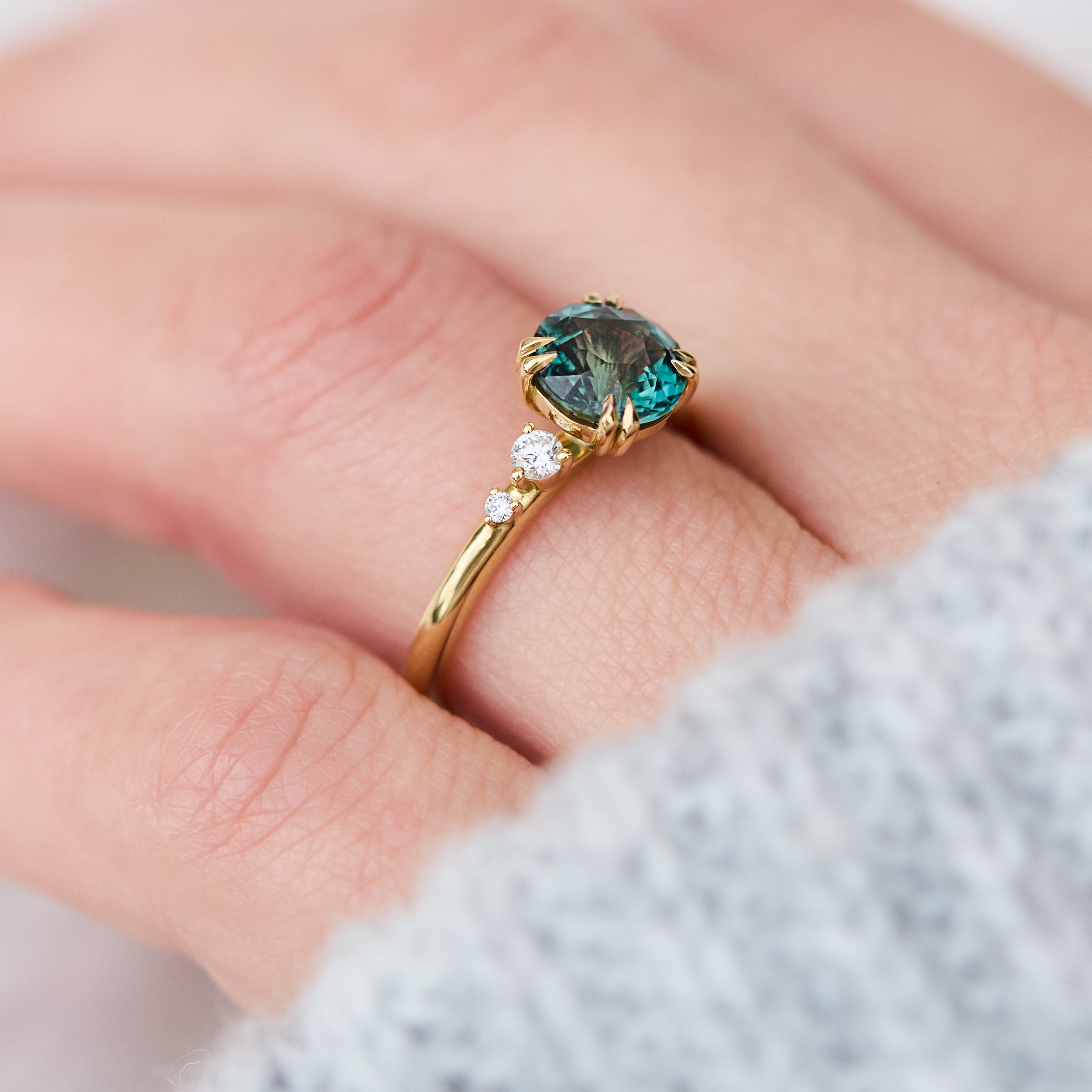 Round Teal Sapphire Engagement Ring