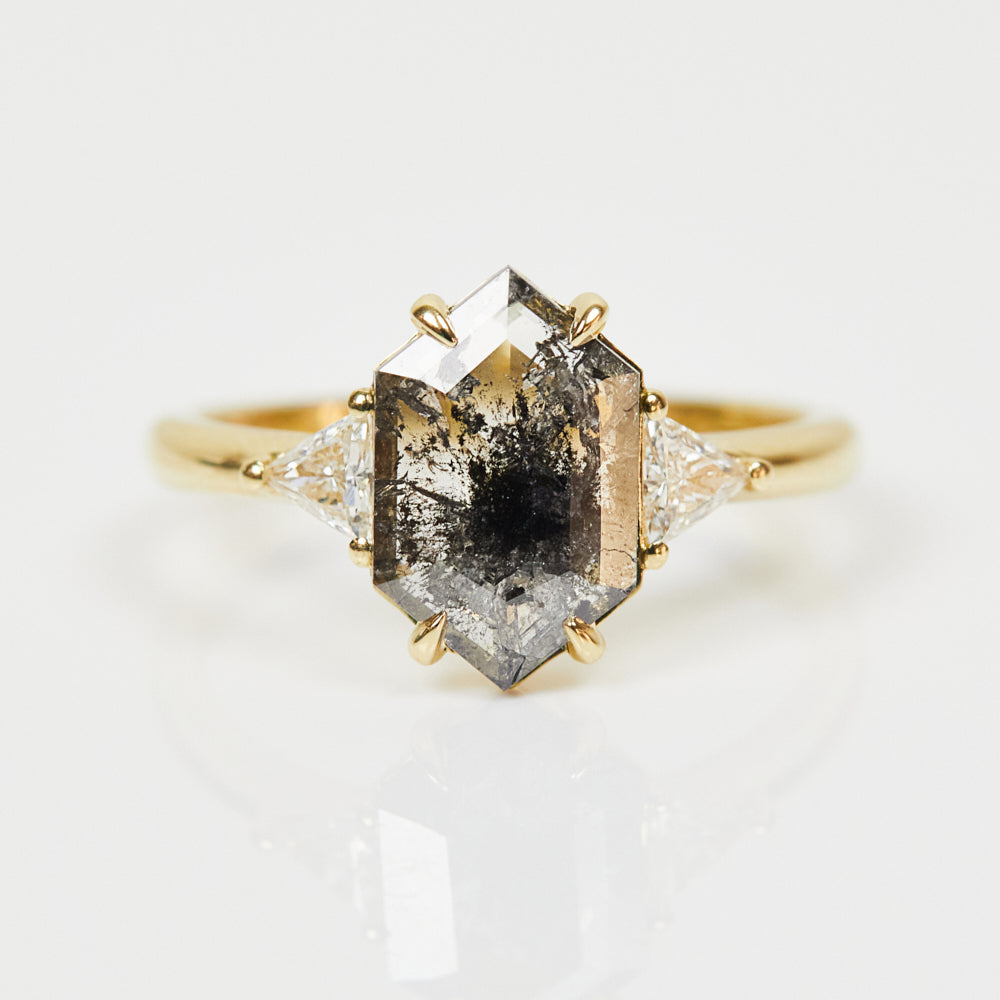18ct yellow gold salt and pepper hexagon diamond engagement trilogy ring