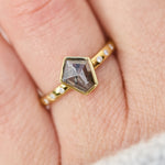 18ct yellow gold salt and pepper shield diamond engagement bezel ring