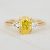 yellow gold yellow lab grown oval diamond trilogy engagement ring