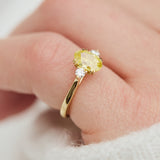 yellow gold yellow lab grown oval diamond trilogy engagement ring
