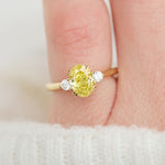 yellow gold yellow lab grown oval diamond trilogy engagement ring