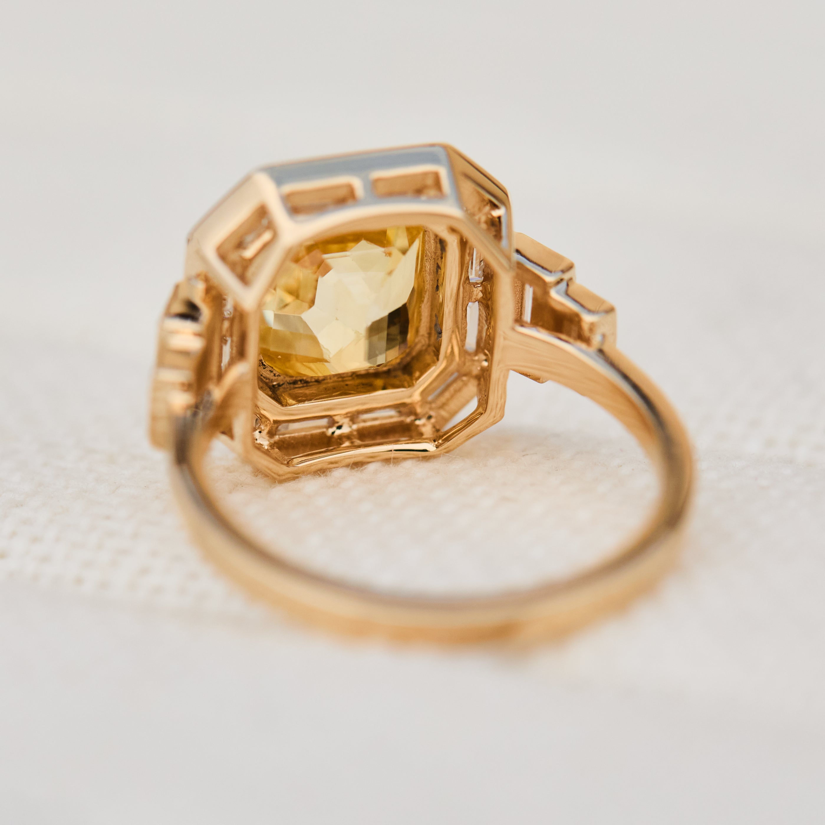 yellow octagonal sapphire custom cut baguette and trapezoid diamond ring