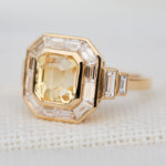 yellow octagonal sapphire custom cut baguette and trapezoid halo lab grown diamond ring