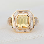 yellow octagonal sapphire custom cut baguette and trapezoid halo lab grown diamond ring