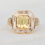 yellow octagonal sapphire custom cut baguette and trapezoid halo lab grown diamond ring