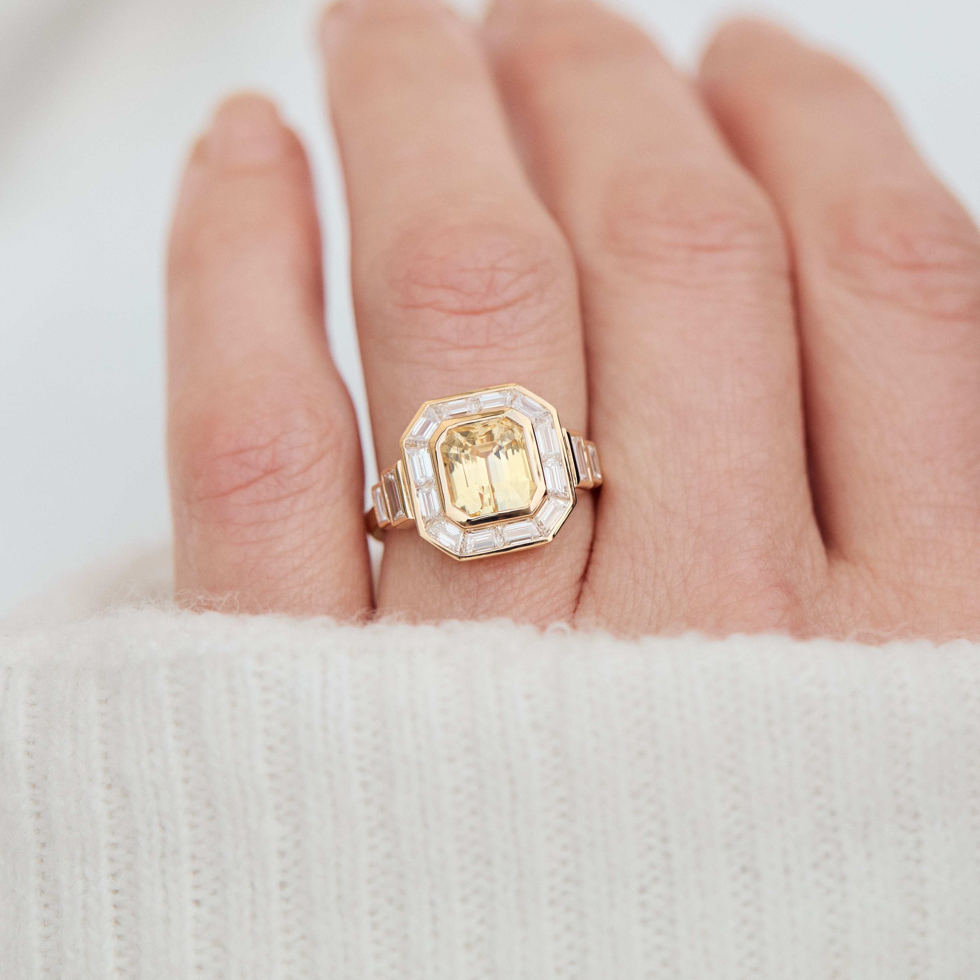 yellow octagonal sapphire custom cut baguette and trapezoid halo lab grown diamond ring