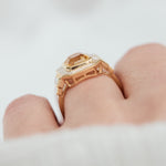 yellow octagonal sapphire custom cut baguette and trapezoid halo lab grown diamond ring