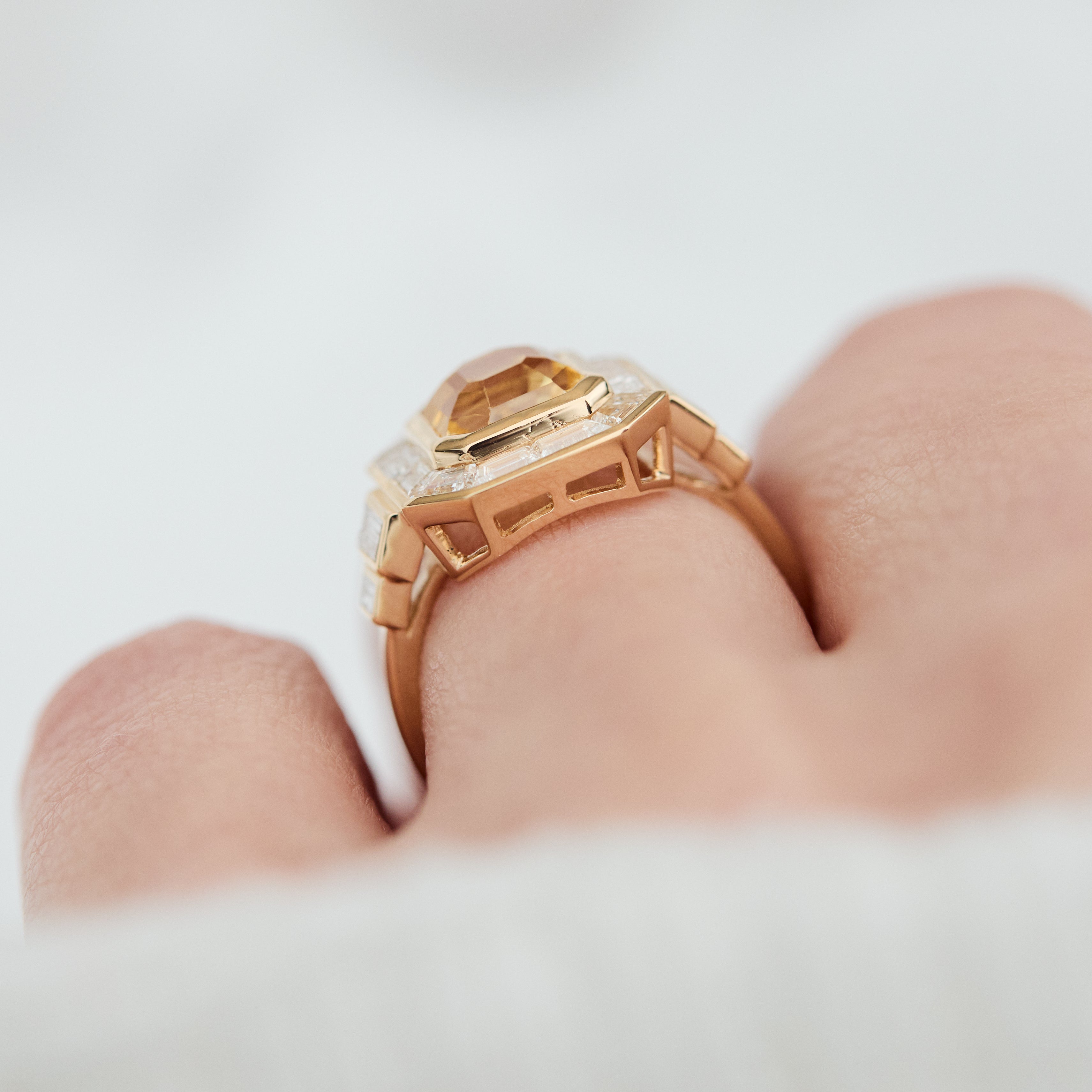 yellow octagonal sapphire custom cut baguette and trapezoid halo lab grown diamond ring