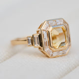 yellow octagonal sapphire custom cut baguette and trapezoid halo lab grown diamond ring