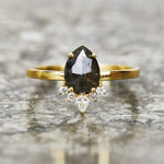 14ct yellow gold salt and pepper pear diamond engagement one-of-a-kind ring