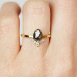 14ct yellow gold salt and pepper pear diamond engagement one-of-a-kind ring