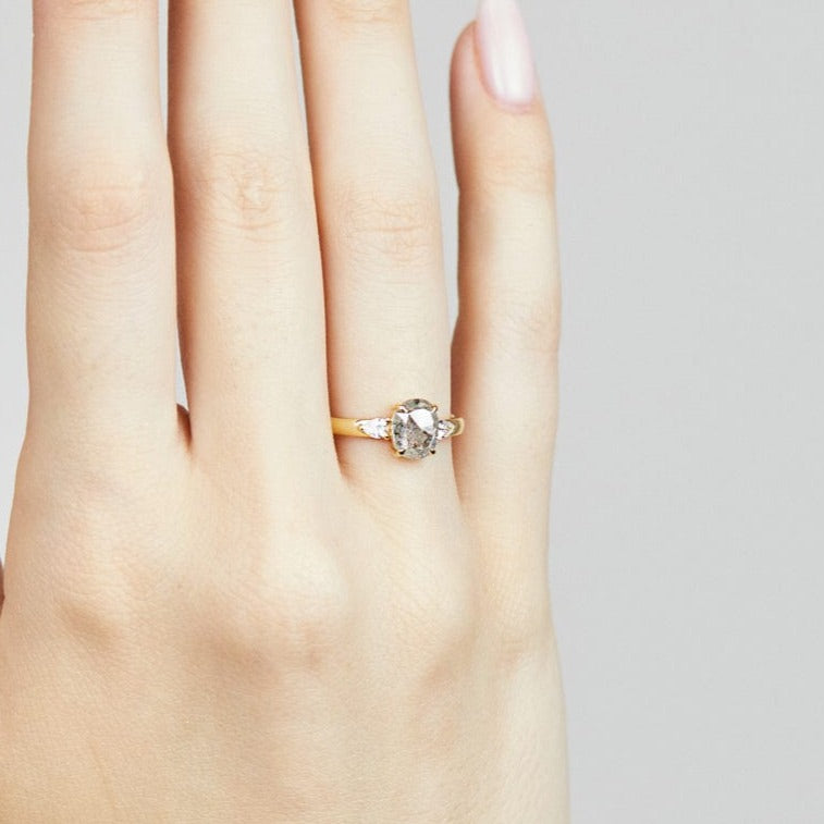 18ct yellow gold salt and pepper oval diamond engagement trilogy ring