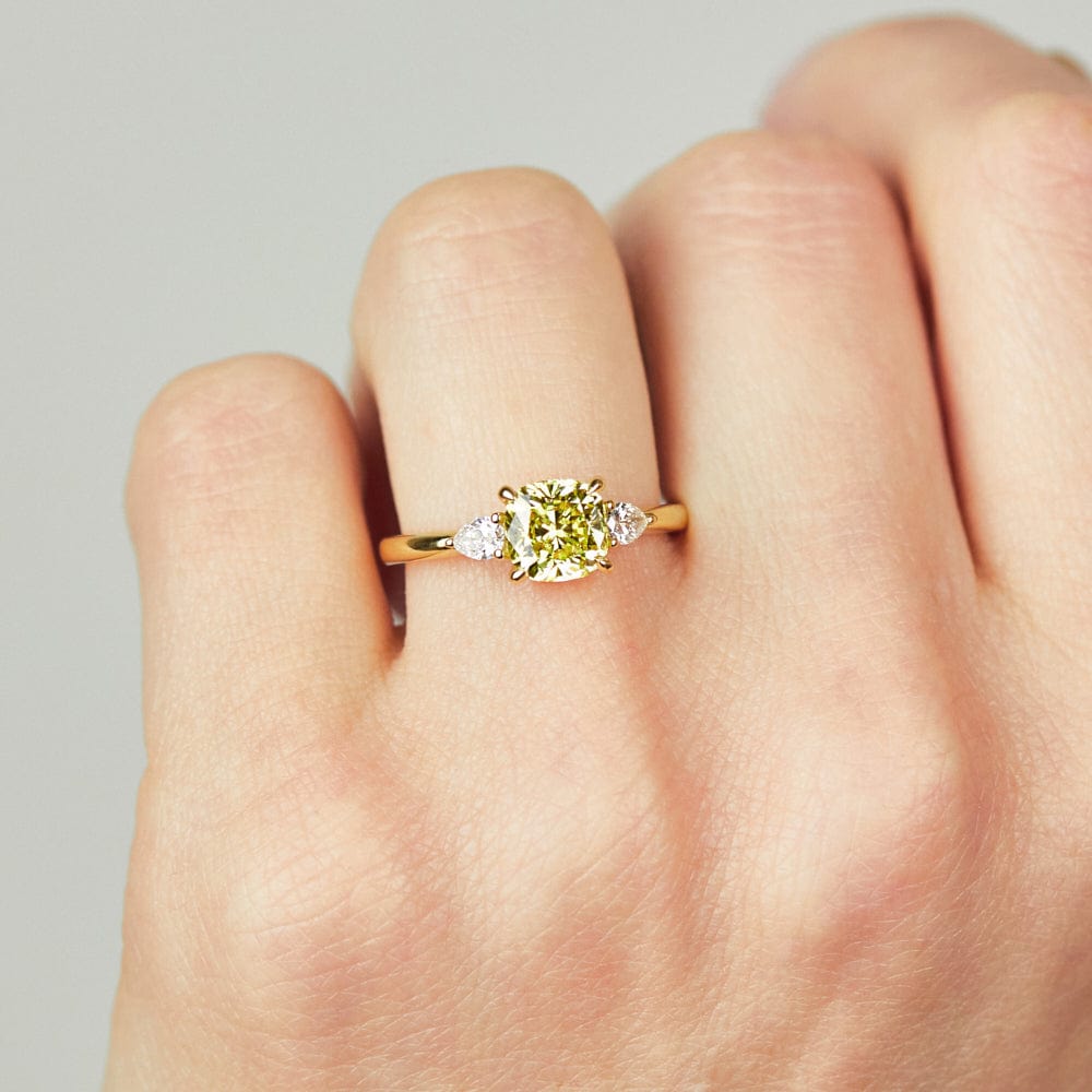 18ct yellow gold cushion cut trilogy yellow lab grown diamond ring UK