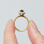 18ct yellow gold salt and pepper cushion cut diamond engagement halo ring