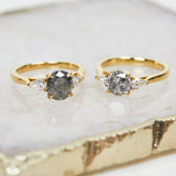 18ct yellow gold salt and pepper round brilliant cut diamond engagement trilogy ring