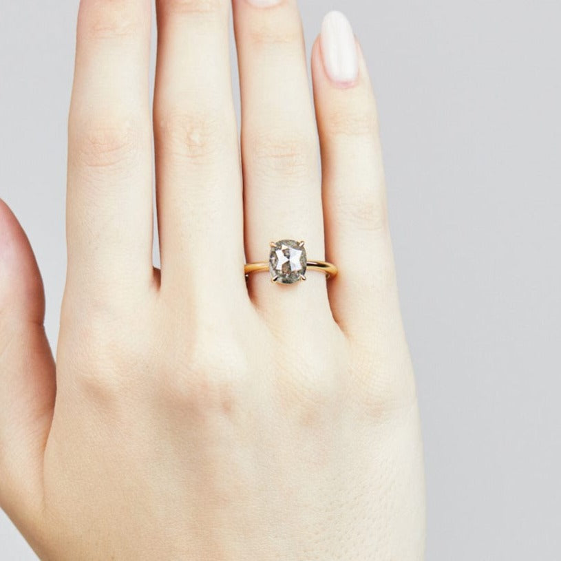 18ct yellow gold salt and pepper cushion cut diamond engagement solitaire ring