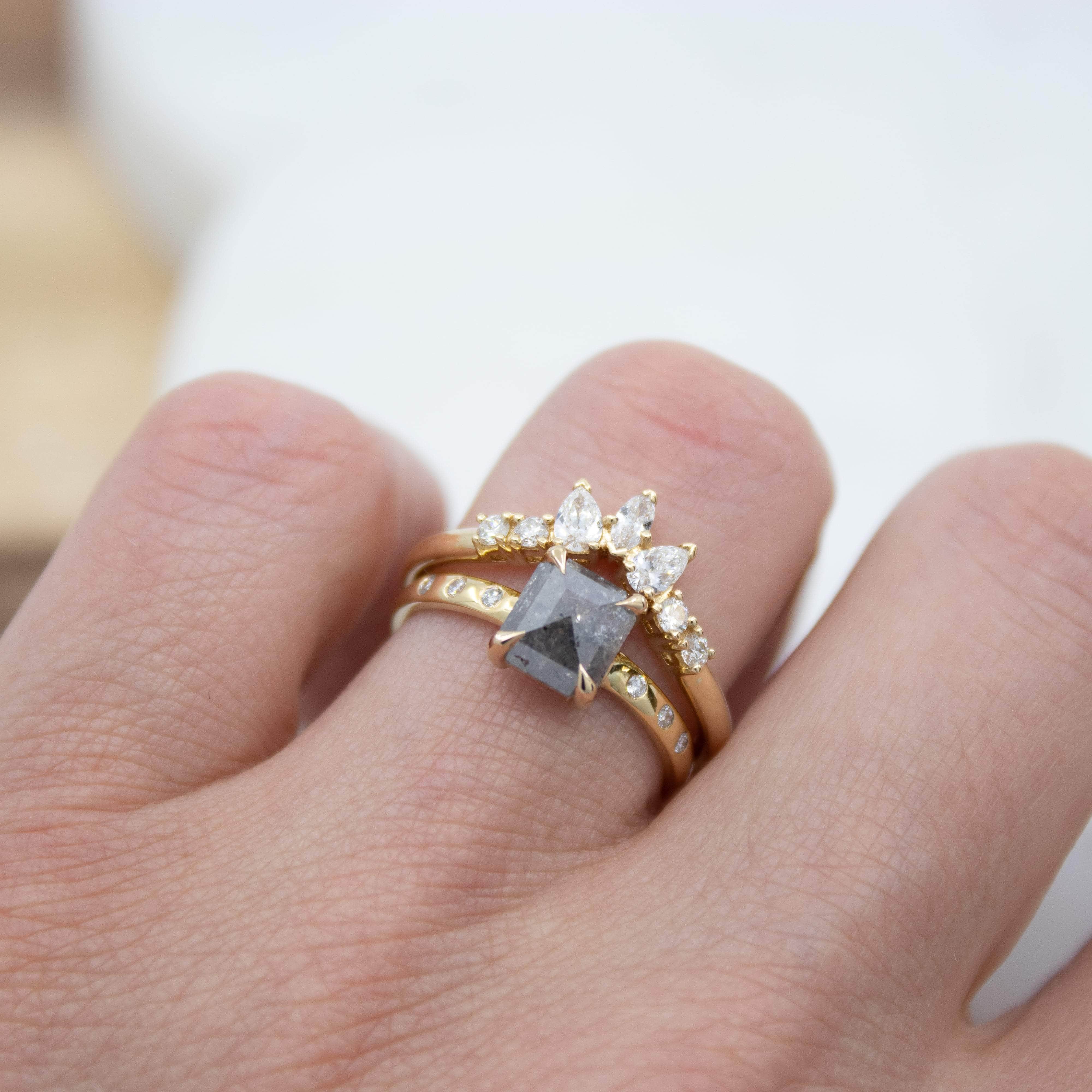 18ct yellow gold salt and pepper emerald cut diamond engagement solitaire ring
