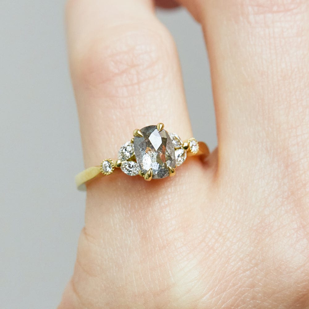 18ct yellow gold salt and pepper oval diamond engagement one-of-a-kind ring