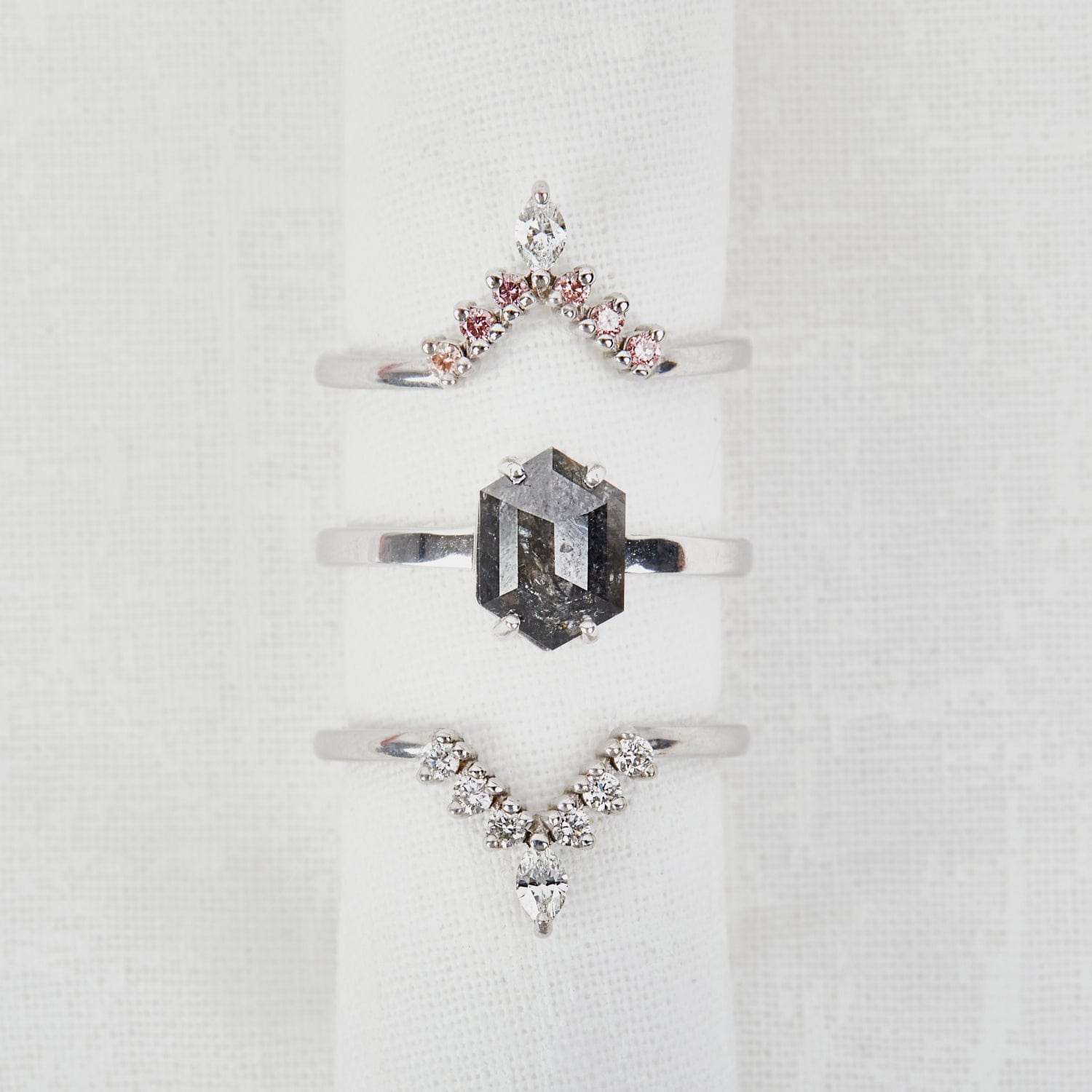 18ct white gold salt and pepper hexagon diamond engagement solitaire ring