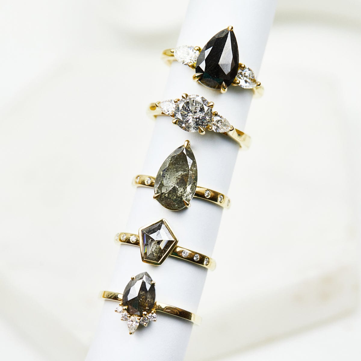 18ct yellow gold salt and pepper kite diamond engagement bezel ring
