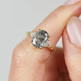 9ct yellow gold salt and pepper oval diamond engagement trilogy ring