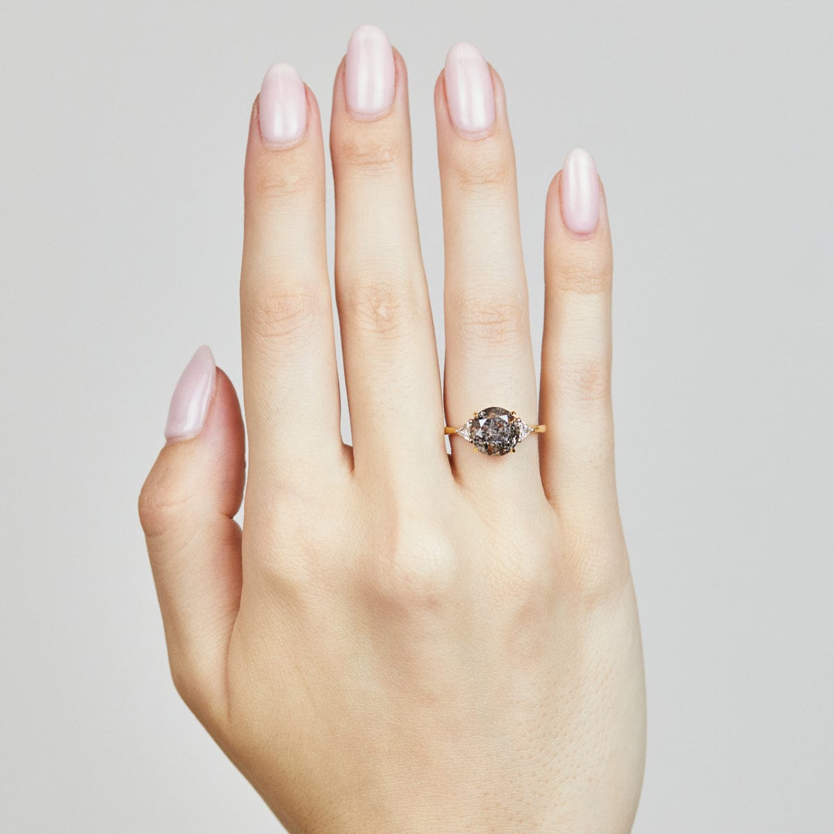 18ct yellow gold salt and pepper round brilliant cut diamond engagement trilogy ring