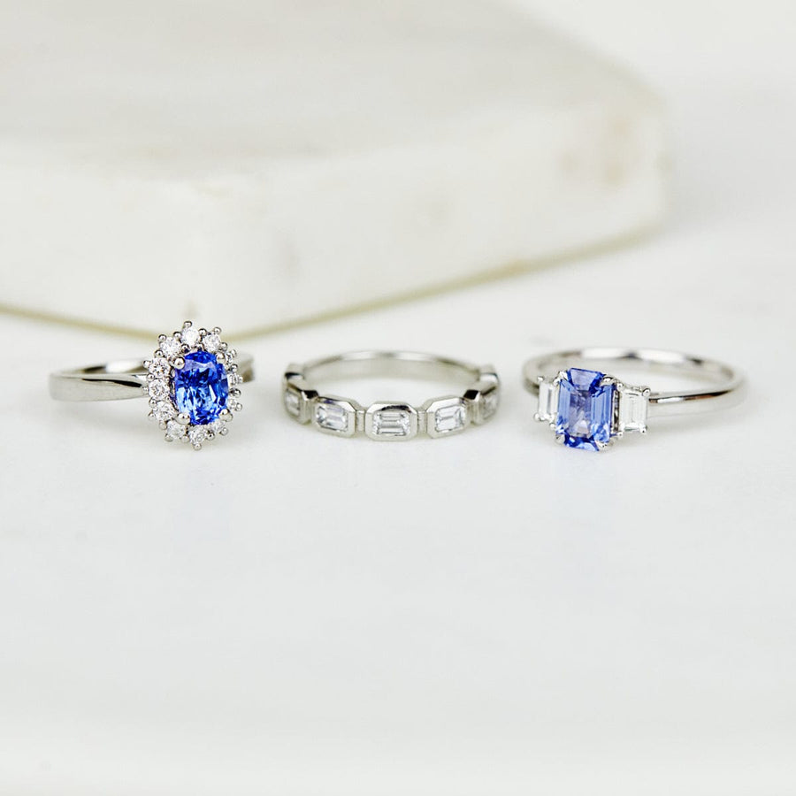 Sophia Perez Jewellery Engagement Ring Blue Sapphire Three Stone Engagement Ring