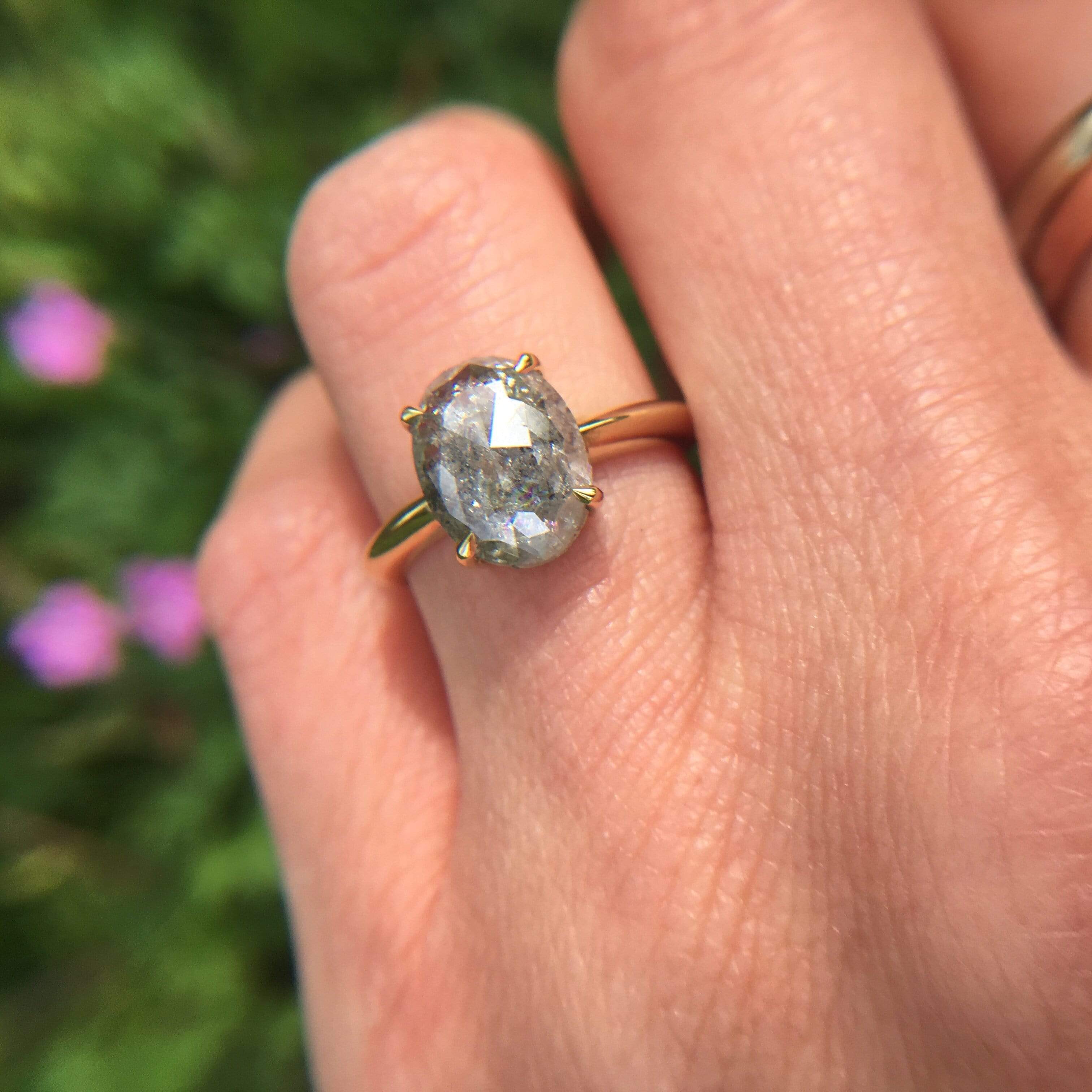 18ct yellow gold salt and pepper oval diamond engagement solitaire ring