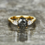 18ct yellow gold salt and pepper brilliant round cut diamond engagement trilogy ring