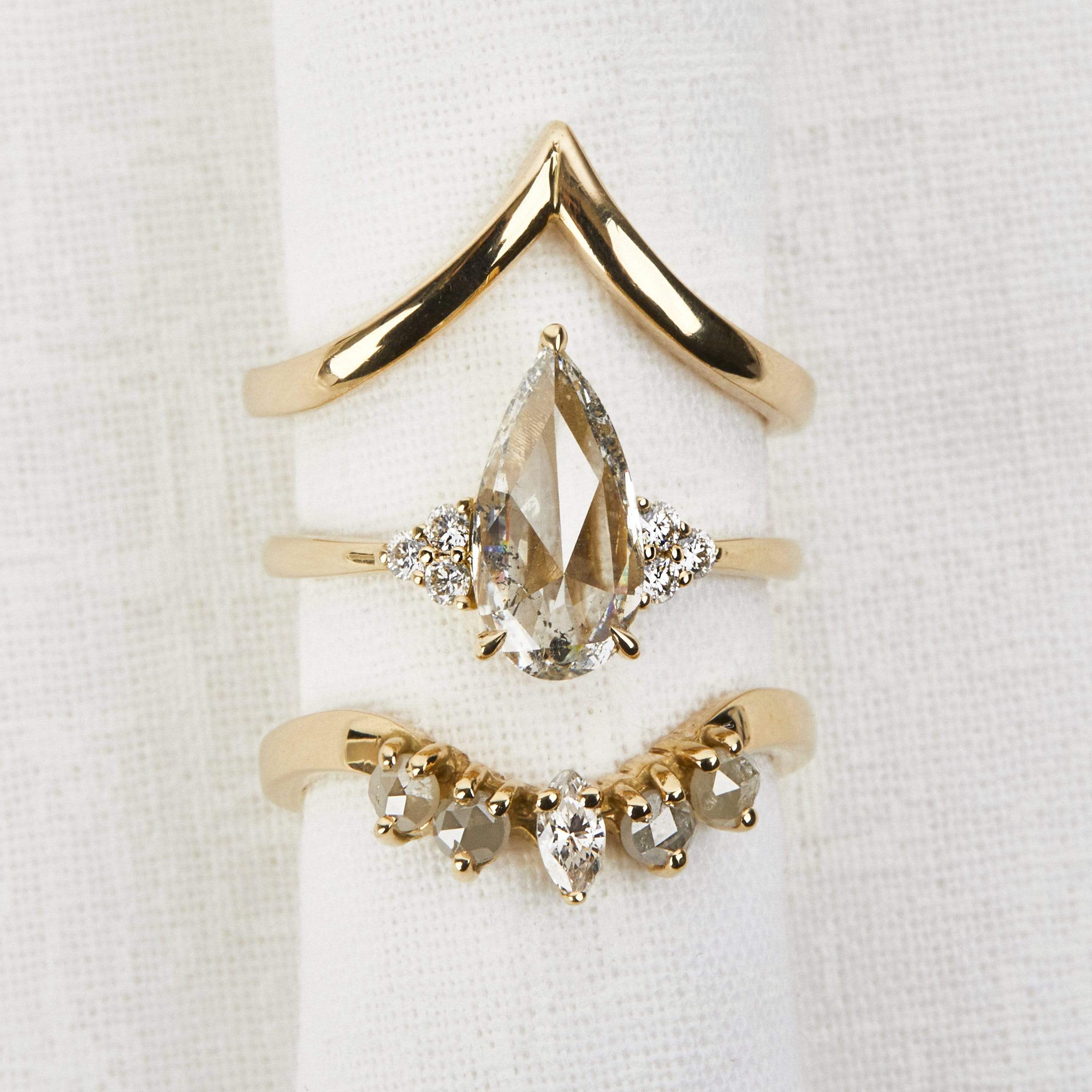 18ct yellow gold salt and pepper pear diamond engagement one-of-a-kind ring