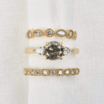 18ct yellow gold salt and pepper brilliant round cut diamond engagement trilogy ring