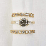 18ct yellow gold salt and pepper brilliant round cut diamond engagement trilogy ring