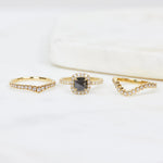 18ct yellow gold salt and pepper cushion cut diamond engagement halo ring